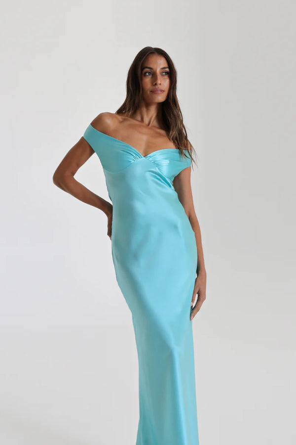 Bridget Gown Turquoise by Natalie Rolt, off-shoulder silk gown with gathered bust and fluid bias-cut drape for elegant events.