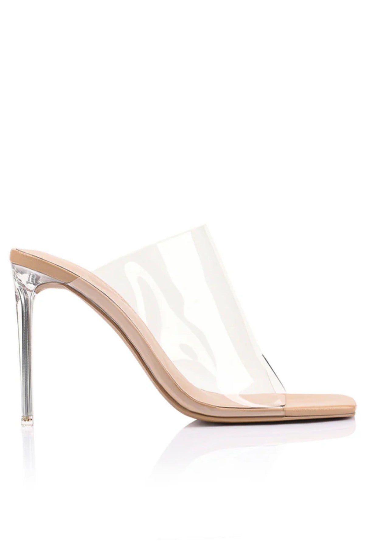 Bridget Mule by Lana Wilkinson — a clear vinylite mule with a slim 9.5cm heel and nude leather base, perfect for modern polished styling.