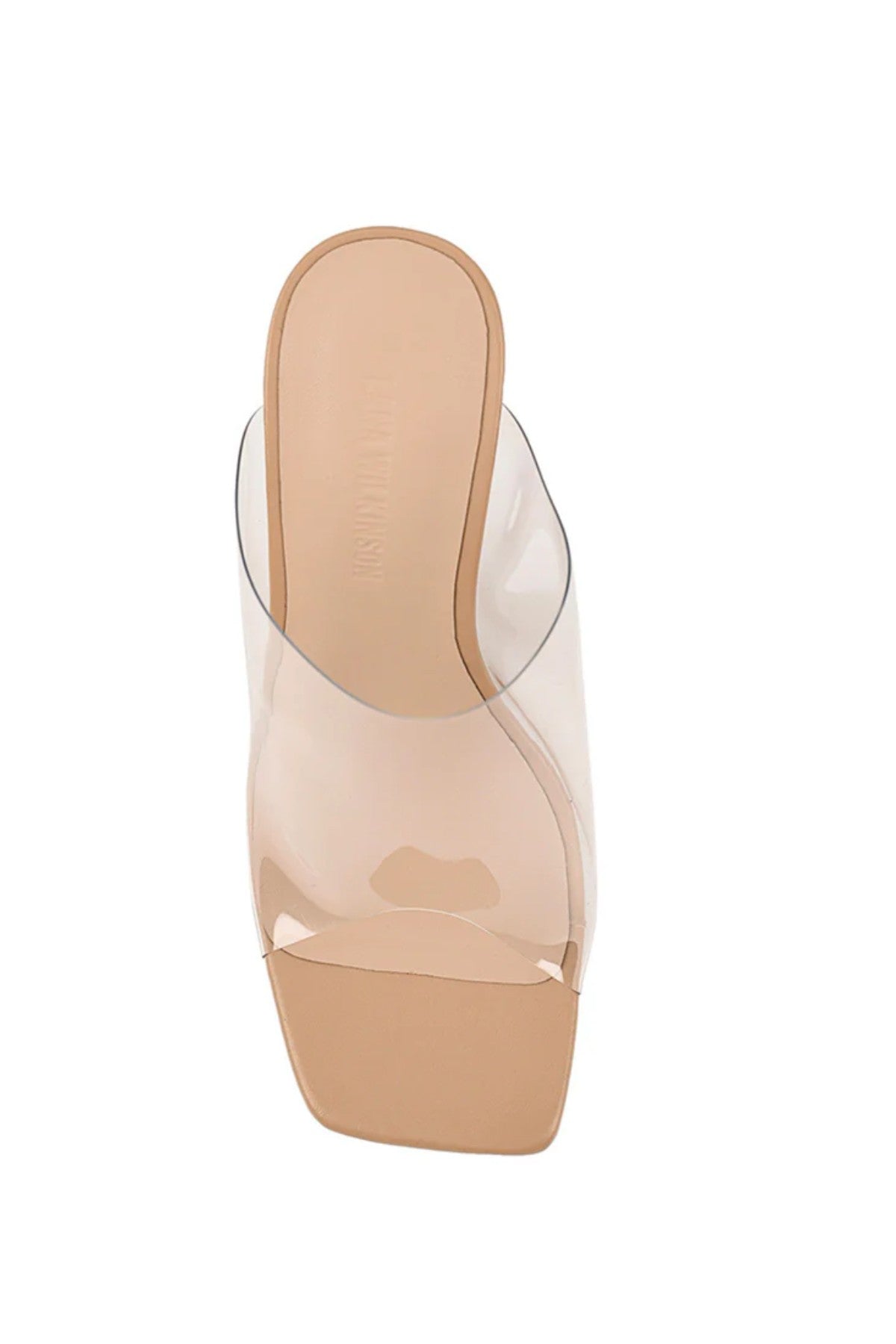 Bridget Mule by Lana Wilkinson — a clear vinylite mule with a slim 9.5cm heel and nude leather base, perfect for modern polished styling.