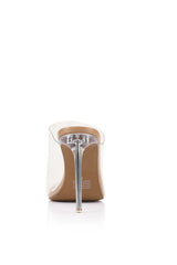 Bridget Mule by Lana Wilkinson — a clear vinylite mule with a slim 9.5cm heel and nude leather base, perfect for modern polished styling.