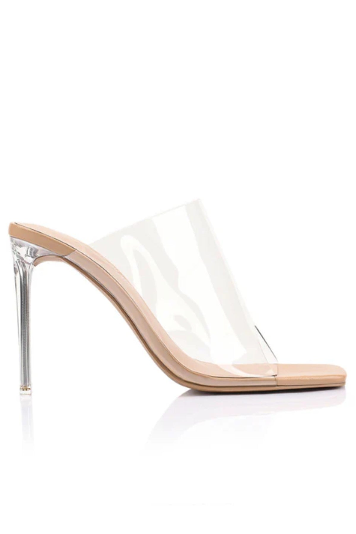 Bridget Mule by Lana Wilkinson — a clear vinylite mule with a slim 9.5cm heel and nude leather base, perfect for modern polished styling.
