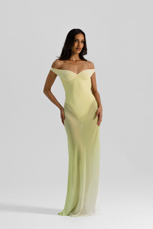 Brielle Dress Citrus by Natalie Rolt, an off-shoulder georgette gown with bodysuit lining and open back. Perfect for chic formal events.