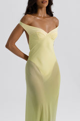 Brielle Dress Citrus by Natalie Rolt, an off-shoulder georgette gown with bodysuit lining and open back. Perfect for chic formal events.