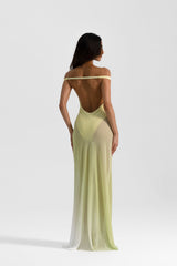 Brielle Dress Citrus by Natalie Rolt, an off-shoulder georgette gown with bodysuit lining and open back. Perfect for chic formal events.