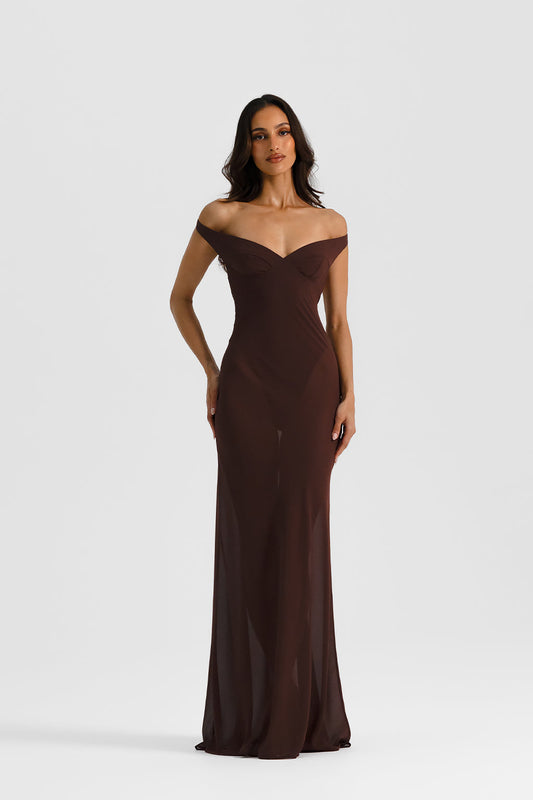 Brielle Dress Espresso by Natalie Rolt, an off-shoulder georgette gown with bodysuit lining and open back. Perfect for chic formal events.