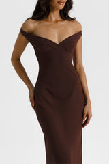 Brielle Dress Espresso by Natalie Rolt, an off-shoulder georgette gown with bodysuit lining and open back. Perfect for chic formal events.