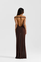 Brielle Dress Espresso by Natalie Rolt, an off-shoulder georgette gown with bodysuit lining and open back. Perfect for chic formal events.