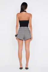 Brinley Short Salt Pepper by Bec + Bridge, tailored mini shorts with pleated front. Perfect for polished looks or smart casual outfits.