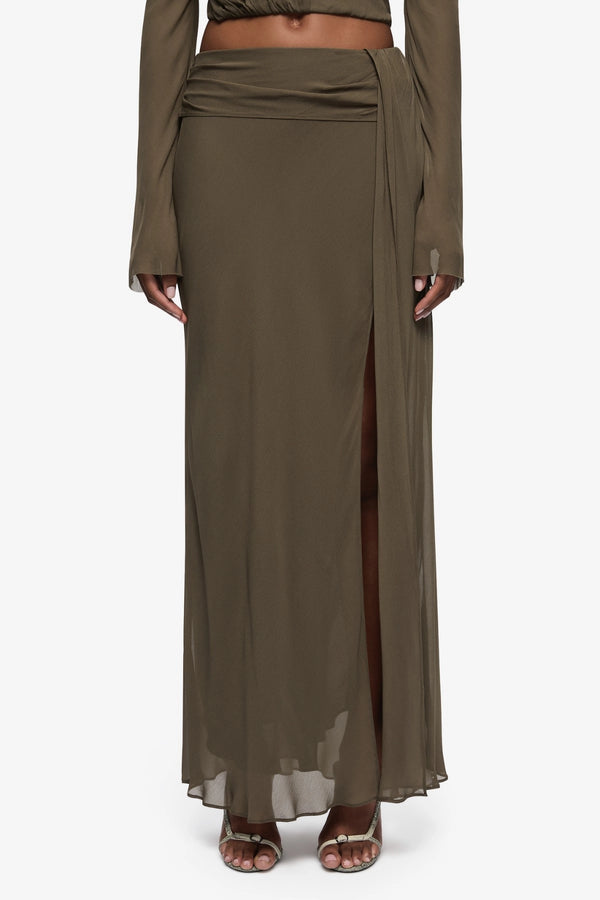 Briya Maxi Skirt Twig by Bec + Bridge, draped georgette maxi skirt, perfect for weddings or elegant evenings