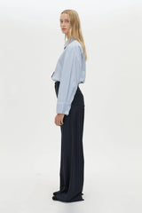 Brody Pant in French Navy Stripe by Camilla and Marc, a wide-leg tailored pant with pressed creases and classic striped finish.