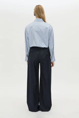 Brody Pant in French Navy Stripe by Camilla and Marc, a wide-leg tailored pant with pressed creases and classic striped finish.