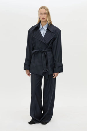Brody Short Trench Coat in French Navy Stripe by Camilla and Marc, an oversized wool-blend trench with belt, epaulettes, and striped finish.