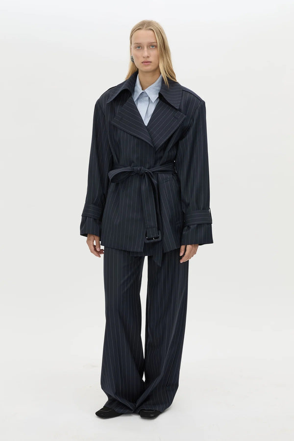 Brody Short Trench Coat in French Navy Stripe by Camilla and Marc, an oversized wool-blend trench with belt, epaulettes, and striped finish.