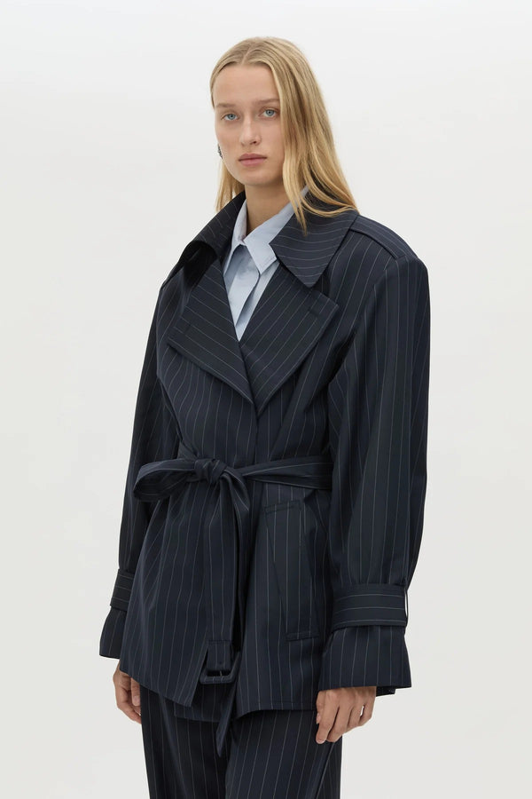 Brody Short Trench Coat in French Navy Stripe by Camilla and Marc, an oversized wool-blend trench with belt, epaulettes, and striped finish.