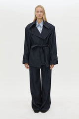 Brody Short Trench Coat in French Navy Stripe by Camilla and Marc, an oversized wool-blend trench with belt, epaulettes, and striped finish.