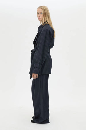 Brody Short Trench Coat in French Navy Stripe by Camilla and Marc, an oversized wool-blend trench with belt, epaulettes, and striped finish.