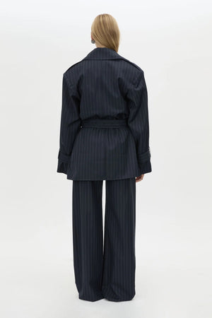 Brody Short Trench Coat in French Navy Stripe by Camilla and Marc, an oversized wool-blend trench with belt, epaulettes, and striped finish.