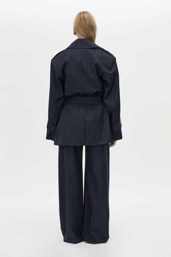 Brody Short Trench Coat in French Navy Stripe by Camilla and Marc, an oversized wool-blend trench with belt, epaulettes, and striped finish.