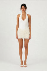 Bronte Mini Dress Ivory by Benni – jersey bodysuit mini dress with racerback and textured shaggy fringe skirt.