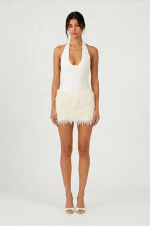 Bronte Mini Dress Ivory by Benni – jersey bodysuit mini dress with racerback and textured shaggy fringe skirt.