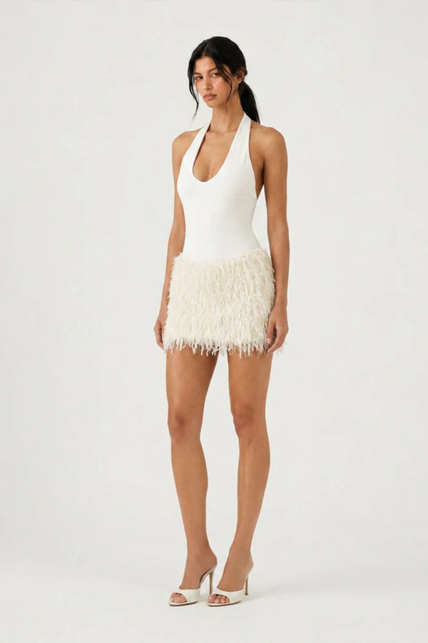 Bronte Mini Dress Ivory by Benni – jersey bodysuit mini dress with racerback and textured shaggy fringe skirt.