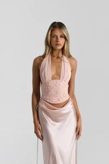 Bronte Top in Baby Pink by Natalie Rolt, a ruched halter with lace-up back and curved bust. Perfect for elevated pairings or events.