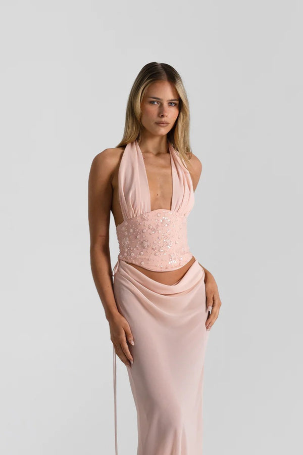 Bronte Top in Baby Pink by Natalie Rolt, a ruched halter with lace-up back and curved bust. Perfect for elevated pairings or events.