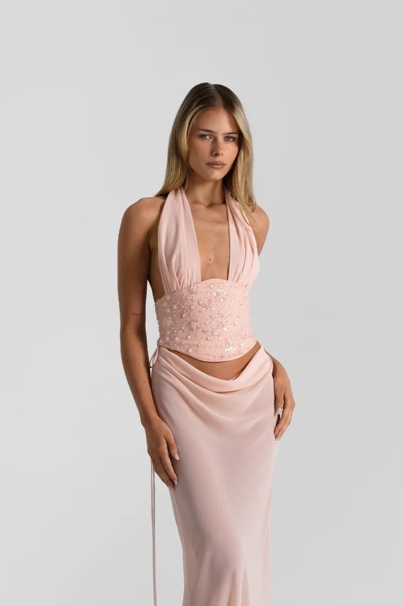 Bronte Top in Baby Pink by Natalie Rolt, a ruched halter with lace-up back and curved bust. Perfect for elevated pairings or events.