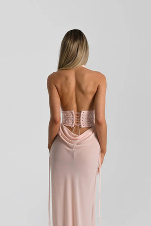 Bronte Top in Baby Pink by Natalie Rolt, a ruched halter with lace-up back and curved bust. Perfect for elevated pairings or events.