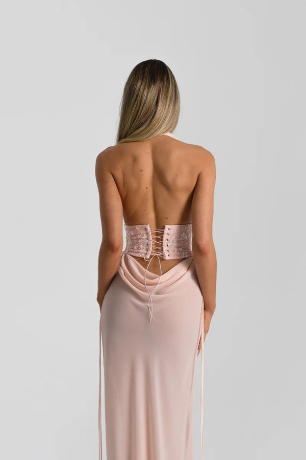 Bronte Top in Baby Pink by Natalie Rolt, a ruched halter with lace-up back and curved bust. Perfect for elevated pairings or events.