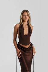 Bronte Top in Espresso by Natalie Rolt, a ruched halter with lace-up back and curved bust. Perfect for elevated pairings or events.
