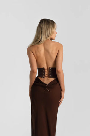 Bronte Top in Espresso by Natalie Rolt, a ruched halter with lace-up back and curved bust. Perfect for elevated pairings or events.