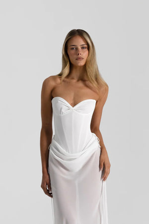 Bronte Top in White by Natalie Rolt, a ruched halter with lace-up back and curved bust. Perfect for elevated pairings or events.