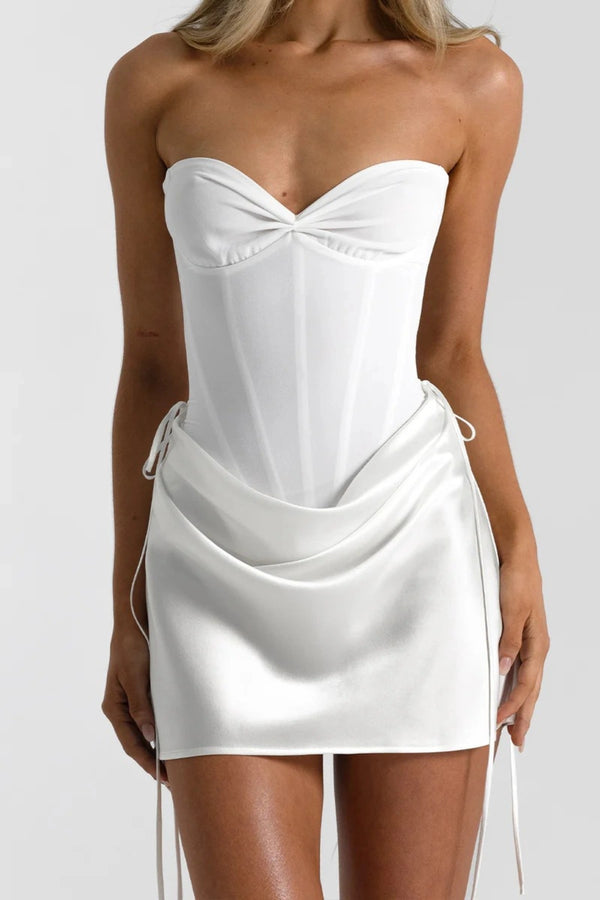 Bronte Top in White by Natalie Rolt, a ruched halter with lace-up back and curved bust. Perfect for elevated pairings or events.