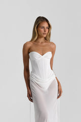 Bronte Top in White by Natalie Rolt, a ruched halter with lace-up back and curved bust. Perfect for elevated pairings or events.