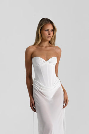 Bronte Top in White by Natalie Rolt, a ruched halter with lace-up back and curved bust. Perfect for elevated pairings or events.