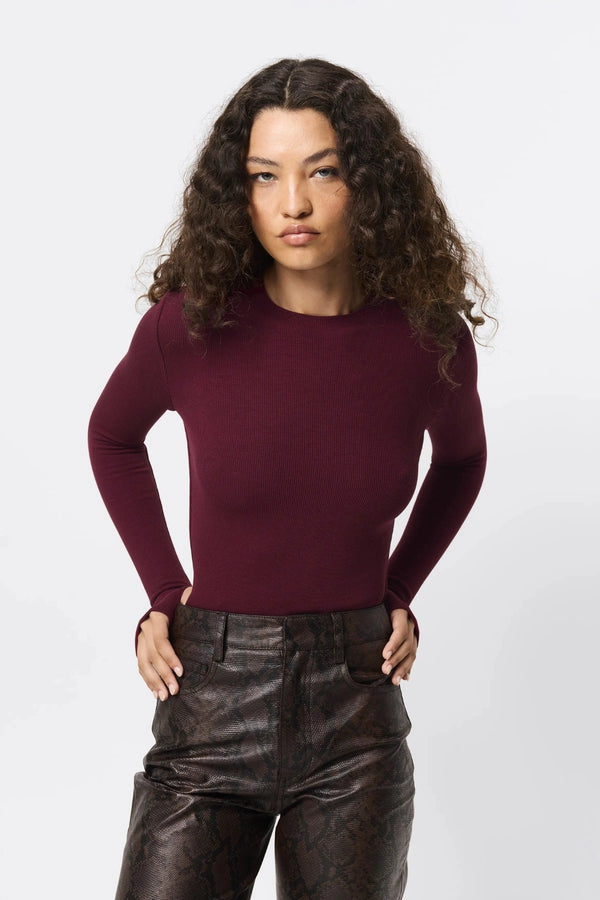 Brooklyn Top Bordeaux by Mossman - ribbed long sleeve jersey top with thumb openings and high neckline, perfect for sleek everyday layering.