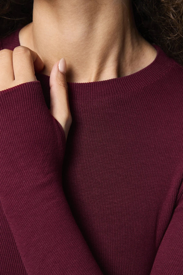 Brooklyn Top Bordeaux by Mossman - ribbed long sleeve jersey top with thumb openings and high neckline, perfect for sleek everyday layering.