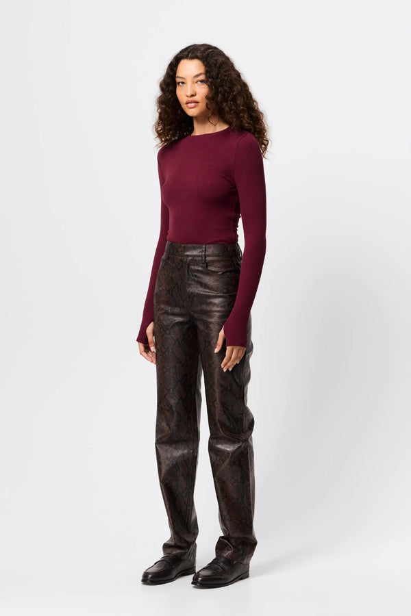 Brooklyn Top Bordeaux by Mossman - ribbed long sleeve jersey top with thumb openings and high neckline, perfect for sleek everyday layering.