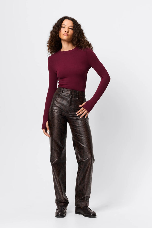 Brooklyn Top Bordeaux by Mossman - ribbed long sleeve jersey top with thumb openings and high neckline, perfect for sleek everyday layering.