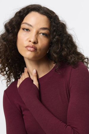Brooklyn Top Bordeaux by Mossman - ribbed long sleeve jersey top with thumb openings and high neckline, perfect for sleek everyday layering.