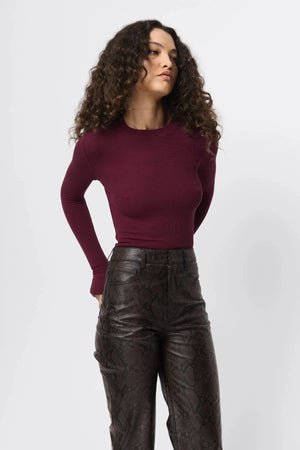 Brooklyn Top Bordeaux by Mossman - ribbed long sleeve jersey top with thumb openings and high neckline, perfect for sleek everyday layering.
