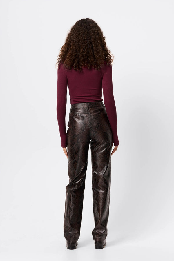 Brooklyn Top Bordeaux by Mossman - ribbed long sleeve jersey top with thumb openings and high neckline, perfect for sleek everyday layering.