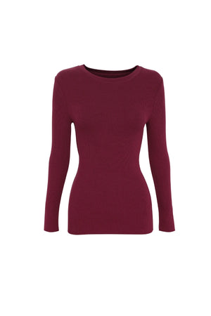 Brooklyn Top Bordeaux by Mossman - ribbed long sleeve jersey top with thumb openings and high neckline, perfect for sleek everyday layering.