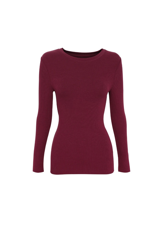 Brooklyn Top Bordeaux by Mossman - ribbed long sleeve jersey top with thumb openings and high neckline, perfect for sleek everyday layering.
