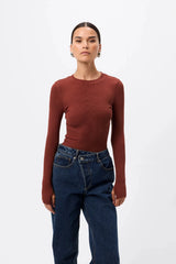 Brooklyn Top Rust by Mossman - ribbed jersey top with thumbhole sleeves and fitted shape, designed for elevated everyday styling.