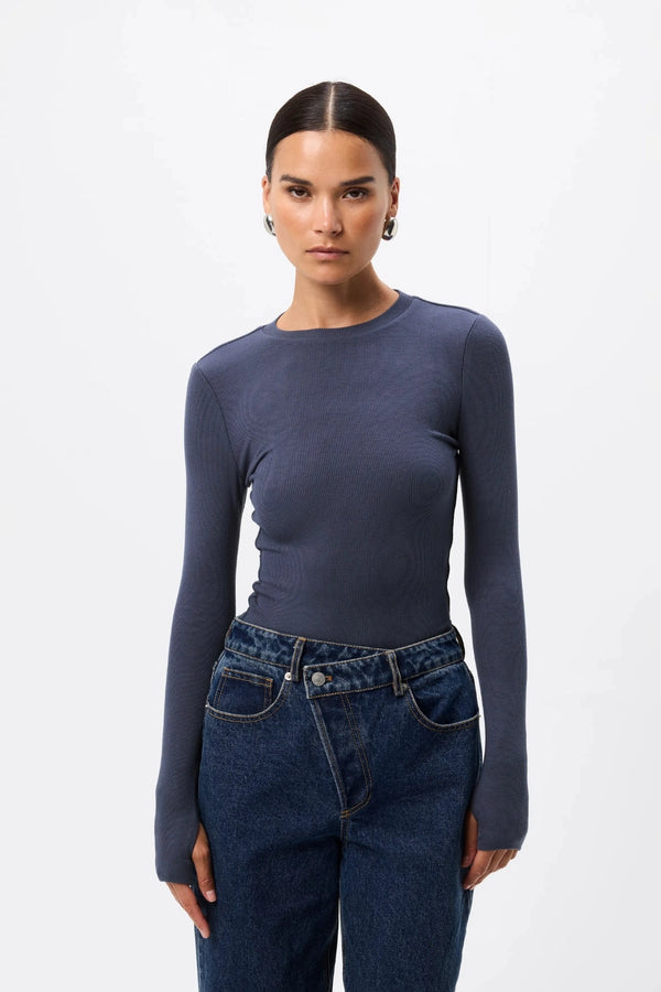Brooklyn Top Sapphire by Mossman - ribbed jersey top with thumbhole sleeves and fitted shape, designed for elevated everyday styling.
