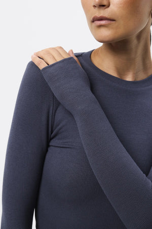 Brooklyn Top Sapphire by Mossman - ribbed jersey top with thumbhole sleeves and fitted shape, designed for elevated everyday styling.