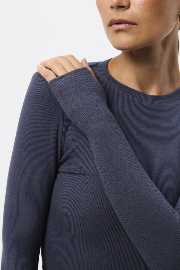 Brooklyn Top Sapphire by Mossman - ribbed jersey top with thumbhole sleeves and fitted shape, designed for elevated everyday styling.