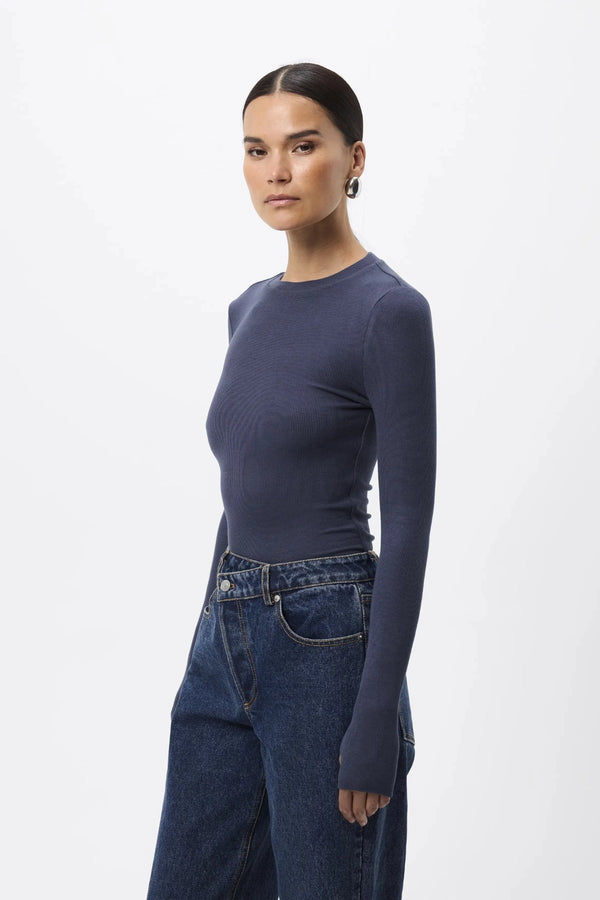 Brooklyn Top Sapphire by Mossman - ribbed jersey top with thumbhole sleeves and fitted shape, designed for elevated everyday styling.